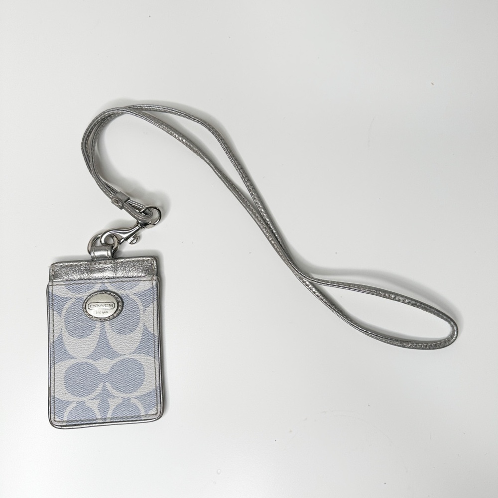 COACH Blue and Silver Signature C Lanyard ID Holder | Signature Canvas